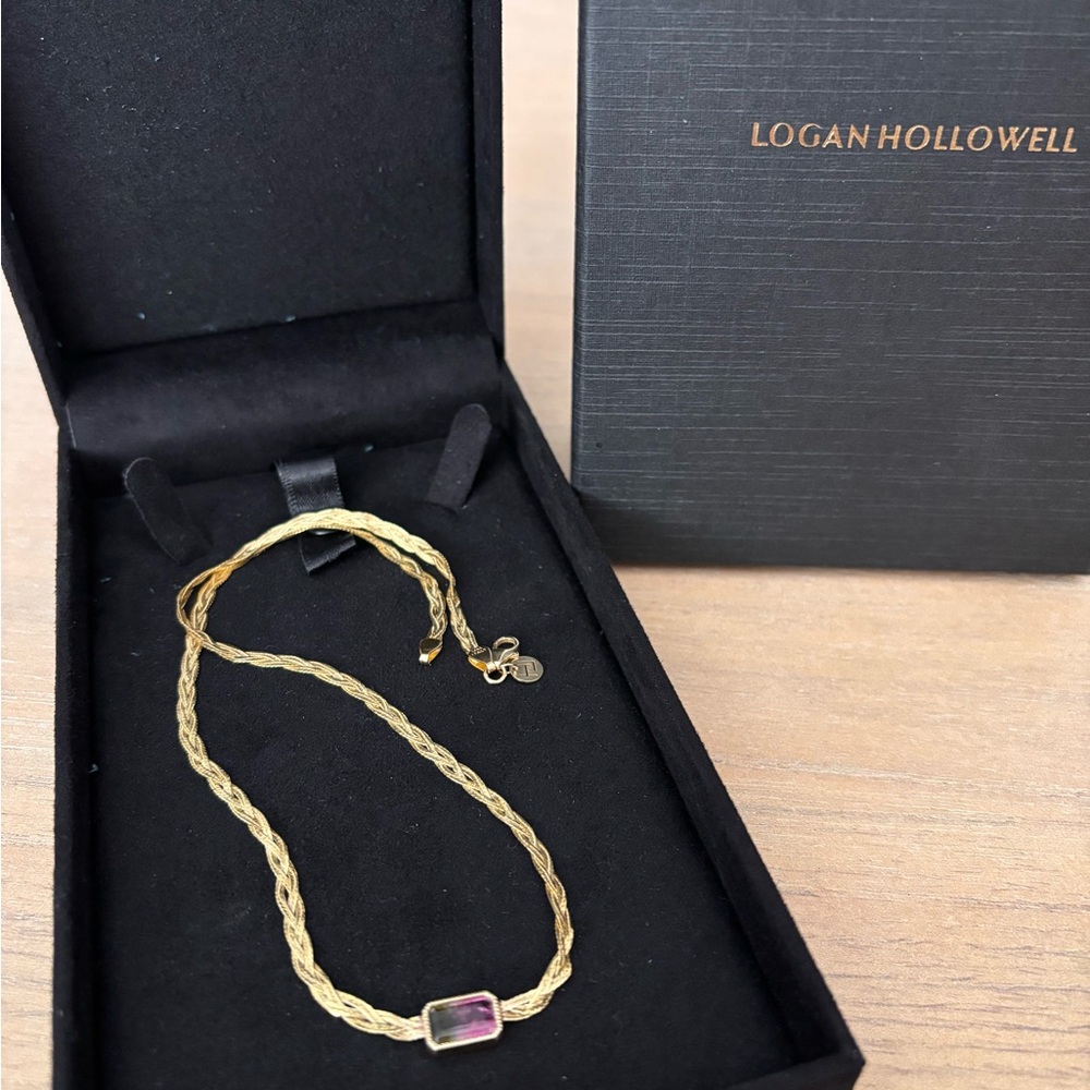 Logan Hollowell Watermelon Tourmaline Braided Gold Necklace 16” - Picture 2 of 6